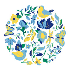 Wall Mural - Circular pattern with flowers and birds vector illustration. Blue and yellow decorative elements in round shape isolated on white background. Decoration, nature, spring concept