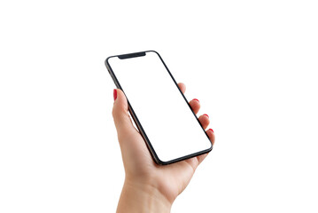 Poster - Smartphone with notch in woman hand close-up. Isolated screen and background in white for app presentation