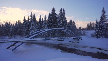 Wall Mural - Bridge over the Amata river in winter in Latvia. High-speed highway with a beautiful concrete bridge. Pedestrian bridge to large spruce trees with snow on the branches. Beautiful pre-Christmas sunset 