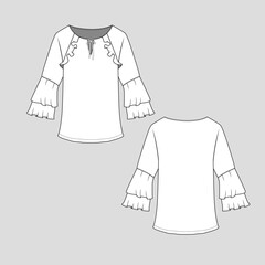 Tiered bell Sleeve ruffles Top knotted neck ruffle frill raglan sleeve knot tie fashion flat sketch technical drawing template design vector