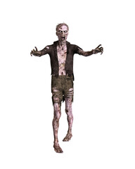 Wall Mural - Zombie man walking with arms outstretched wearing tattered clothes. 3d illustration isolated on transparent background.