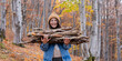 Young woman in the forest carryng firewood in the mountain for heating.  Winter is coming, preparing, collecting firewood for winter concept. 