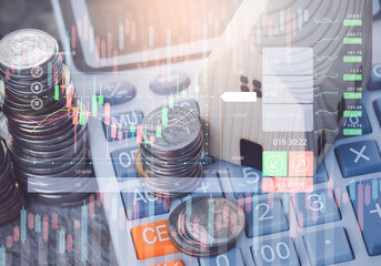 Double exposure of graph and rows of coins for business finance technology and investment trading trader investor. Saving for business Finance concept, analyzing forex trading graph financial data.