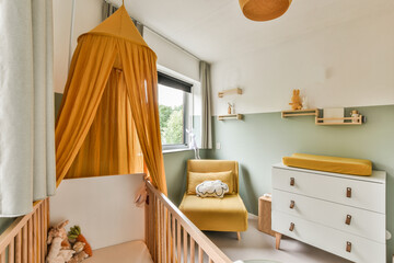 Interior of modern kid bedroom with bed and shelves with various toys at home