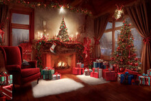 Christmas, New Year Interior With Magic Glowing Tree, Fireplace And Gifts In Vintage Style. Christmas Village, Christmas And New Year Holidays Background.	
