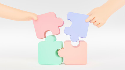 Wall Mural - Hand holding jigsaw puzzle to connect, Symbol of teamwork, Problem-solving, Cooperation, Partnership, Strategy jigsaw business concept, 3d rendering.