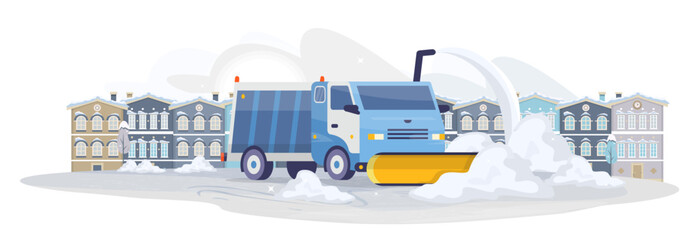 Snow removing in the city. Snowplow working on the snowy road. Snow truck cleaning streets in town. Winter public works on snow removal. Flat horizontal vector illustration.