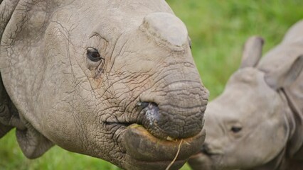 parent and a cute, young infant rhino rhinoceros feeding on grass in public park zoo enclosure