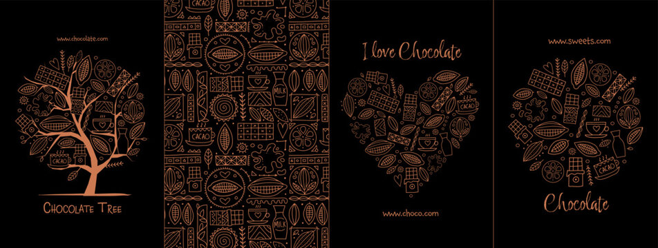 Fototapete -  - Chocolate, cacao and sweets - concept arts collection. Frame, pattern, tree, heart shape. Set for your design project - cards, banners, poster, web, print, social media, promotional materials. Vector