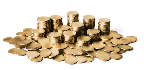 Wall Mural - Golden coin stacks on a white background