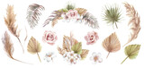 Fototapeta Boho - Watercolor boho floral bouquet and elements of pampas grass branches, palm leaves, dry flower, roses in pastel colors. Hand painted illustration isolated on transparent background. Bohemian elements 