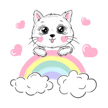 Cat Print, Happy Cute Kitty Flying In The Sky Between Clouds And Rainbow, Cartoon Kitten Vector Illustration For Kids. Childish Design On T-shirt