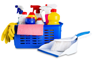 Wall Mural - House Cleaning Equipment and Supplies in Basket - Isolated
