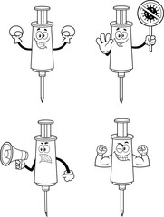 Wall Mural - Outlined Syringe Vaccine Cartoon Character In Different Poses. Vector Hand Drawn Collection Set Isolated On Transparent Background