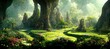 Leinwanddruck Bild - Unreal fantasy landscape with trees and flowers. Garden of Eden, exotic fairytale fantasy forest, Green oasis.  Sunlight, shadows, creepers and an arch. 3D illustration.