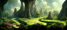 Unreal Fantasy Landscape With Trees And Flowers. Garden Of Eden, Exotic Fairytale Fantasy Forest, Green Oasis.  Sunlight, Shadows, Creepers And An Arch. 3D Illustration.