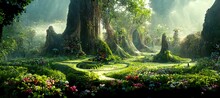 Unreal Fantasy Landscape With Trees And Flowers. Garden Of Eden, Exotic Fairytale Fantasy Forest, Green Oasis.  Sunlight, Shadows, Creepers And An Arch. 3D Illustration.