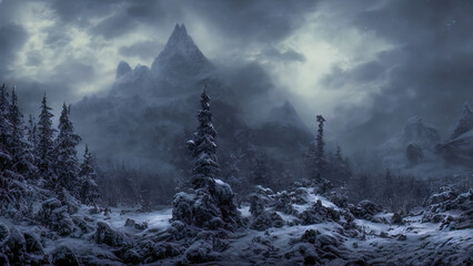 Dark night winter landscape with snowy mountains and houses. Snow storm in the mountains ruined old houses. Gloomy dark night, moonlight blue cold light, frost, fog, wind.