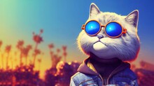 Hyper-realistic Illustration Of A Cool Cat With Sunglasses Looking Aside With A Blurry Background