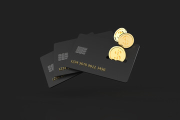 Online payment credit or debit cards with falling coins on a dark background. Cashback and refund concept. 3D rendering isolated with clipping path.