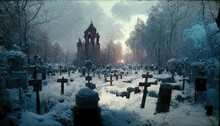 AI Generated Image Of An Old Spooky Snow-covered Graveyard 