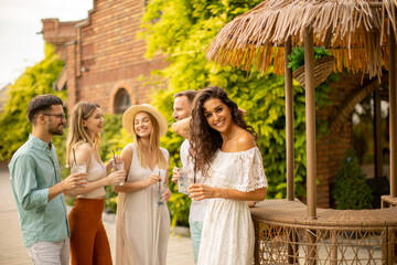 Wall Mural - Group of young people cheering and having fun outdoors with drinks