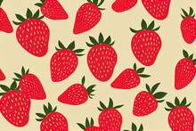  A Pattern Of Strawberries On A Beige Background With Green Leaves And Red Berries On The Bottom Of The Image.