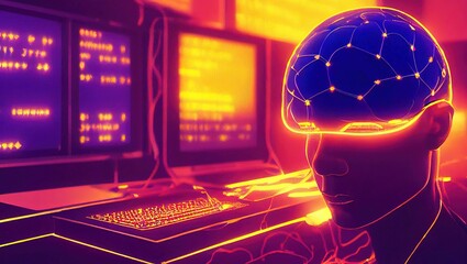 Illustration of artificial intelligence against the human brain, the concept of future development