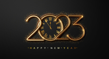 Wall Mural - Happy New Year 2023 with clock face and golden glitter sparkles on black background. Realistick Golden metallic numbers 2023 logo.