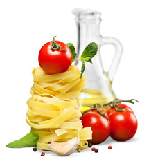 Wall Mural - Italian Pasta with tomatoes,  olive oil and basil on a white background (with easy removable sample text)