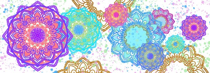 Wall Mural - Mandala, circle, floral ornaments, watercolour splashes pattern.  Ramadan, Holiday, yoga, tattoo illustration, wallpaper.