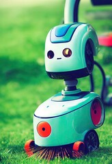 Poster - Future autonomous cute robot lawn mower, robot cutting grass