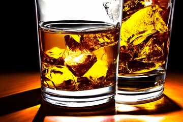 Poster - AI-generated digital art of two glasses filled with golden liquid, and ice cubes, served on a table