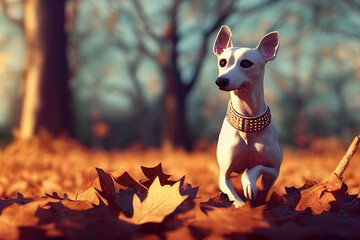 Wall Mural - Lurcher playing in the leaves in an autumn forest at sunset