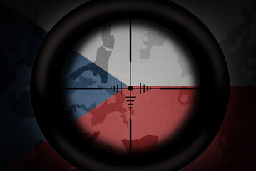 Wall Mural - sniper scope aimed at flag of czech republic on the khaki texture background. military concept. 3d illustration