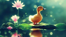 Hyper-realistic Illustration Of A Cute Little Duck Baby In The Pond With Flowers