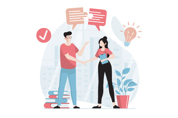 Aufkleber - Teamwork concept with people scene in flat design. Man and woman shake hands and make deal, collaborate on project, agree on business partnership. Vector illustration with character situation for web