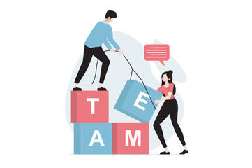 Aufkleber - Teamwork concept with people scene in flat design. Man and woman build with blocks, do work tasks, support and help colleagues, team building. Vector illustration with character situation for web