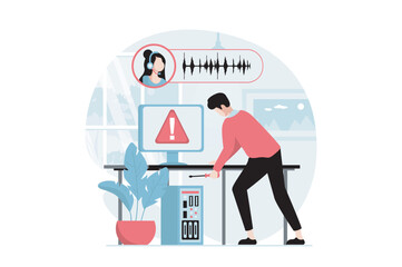 Technical support concept with people scene in flat design. Man listening to voice instructions and repairing computer using advice of operator. Vector illustration with character situation for web