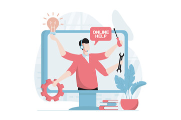 Leinwandbilder - Technical support concept with people scene in flat design. Man in headset with tools helping to solve problems with computers and repairs online. Vector illustration with character situation for web