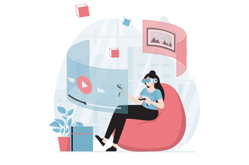Aufkleber - Virtual reality concept with people scene in flat design. Woman in VR glasses learns in metaverse and watches video on screen in augmented reality. Vector illustration with character situation for web