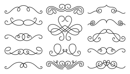 Vintage swirl ornament line flourish set. Filigree calligraphic ornamental curls. Decorative retro design element for menu, wedding invatation card, label prise tag. Text divider, certificate diploma