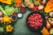 Autumn Food. Beef, Pumpkin, Vegetables, Mushrooms, Root Vegetables, Spices, Pearl Barley - Ingredients For Fall Soup Preparation. Healthy Eating, Slow Food. Rustic Table Background, Top View
