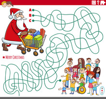 Maze Game With Cartoon Santa Claus With Gifts And Children