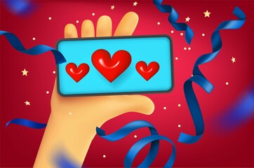 Aufkleber - Man holding modern smartphone with hearts symbols on the screen. 3d vector illustration