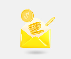 Poster - Yellow envelope with golden coinss. Receiving payment concept. 3d vector isolated illustration