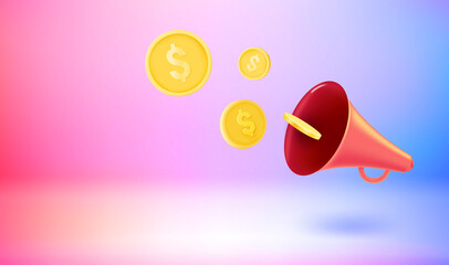 Poster - Loudspeaker with new messages. Vector 3d banner with doodling
