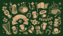 Set Of St. Patricks Day Symbols. Irish Holiday Concept. Collection Vector Illustrations Drawn In Retro Style