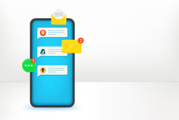 Poster - Modern mobile phone with notifications of messengers. 3d banner with copy space