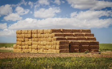 Large Pile Of Square Bales Of Hay Or Straw Are Piled High At The Edge Of A Plowed Field With Flat Horizon And Blue Sky With Fluffy Clouds - Focus On Hay